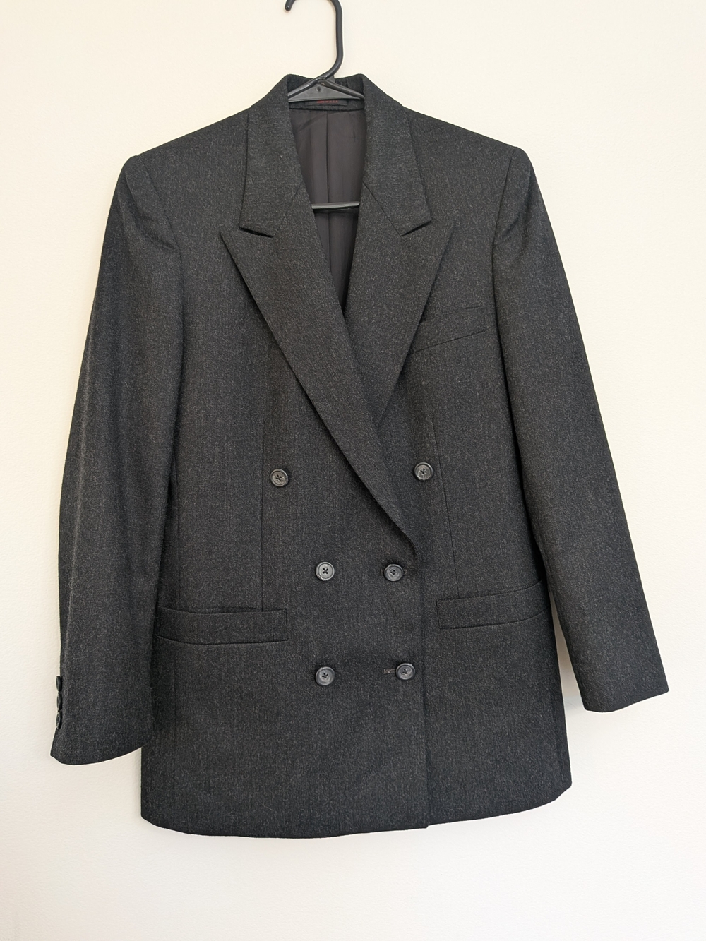 Classic Vintage Charcoal Double-Breasted Blazer/100 Percent Wool